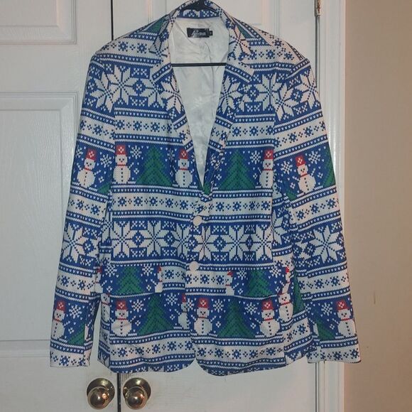Arvihill blue white snowflake snowman crazy christmas party blazer Sz M NWOT - Picture 1 of 6